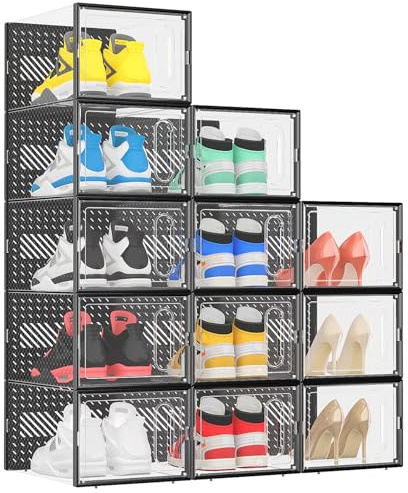 eWonLife X-Large Shoe Boxes with Magnetic Door, 12-Pack Stackable Shoes Storage Organizer for Closet, Clear Plastic Sneaker Container Shoe Rack for Size 12, Black