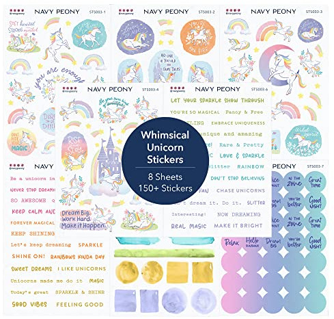 Navy Peony Whimsical Unicorn Self-Care Stickers Sheets (8 Sheets, 150+ pcs) - A6 Size, Washi/Waterproof Paper Mix | Motivational Decals for Journals, Planners, Scrapbooks
