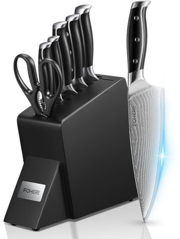 FOHERE 7 Pezzi Set Coltelli da Cucina Giapponese Acciaio Damasco, Coltelli da Cucina Professionalii VG10 Steel 67 Strati in Damasco, Set Coltelli Giapponese Ultra Affilati con Ceppo