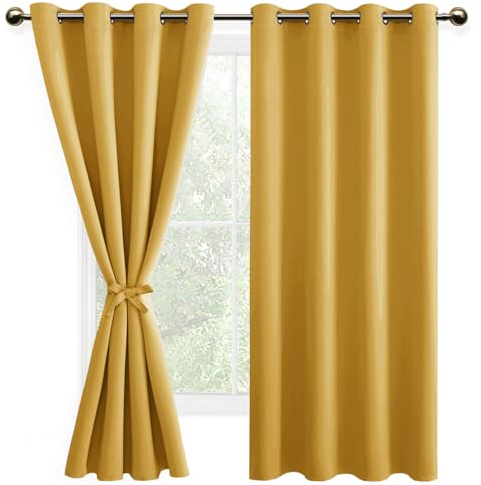 DWCN Blackout Curtains with Tiebacks for Bedroom Thermal Insulated Solid Eyelet Curtains for Living Room,2 Panels,52 Wide x 63 Drop Yellow