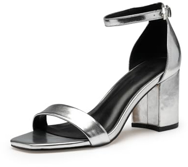 Zhabtuc Sandales d'été élégantes pour femme avec talon bloc de 6 cm, bout ouvert et bride de cheville, chaussures de soirée classiques et confortables, argent, 38.5 EU