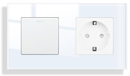 JIMEIDA Lichtschalter mit Steckdose Weiß Unterputz 1 Fach 2 Weg Glas Steckdose Taste Schalter Wandschalter Kristall Kippschalter 157 * 86MM,10 Amp,250 V