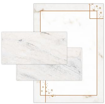 Briefpapier-Set 25 Motivpapier DIN A4 + 25 Kuverts DIN-lang haftklebend Marmor grau Marmoriertes Papier Goldener Rahmen beidseitig beschriftbar für Geburtstag Jubiläum Hochzeit Geschenk
