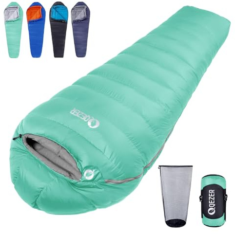 QEZER Sacco a Pelo in Piuma Invernale da Esterno 0~-8℃, 1690g, Leggero e Caldo, 4 Stagioni, con Piumino di Alta Qualità 600+FP, per Campeggio (verde)