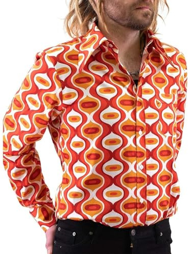 Mens 70s Disco Hip Hop Shirts Casual Button Down Paisley Floral Vintage Long Sleeve Large Collar Shirt, Yellow, XL