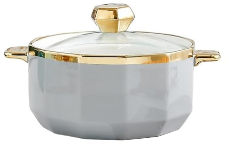 Sopera redonda con tapa de vidrio, cuenco de cerámica for servir sopa, sopera de porcelana for decoración de cocina de restaurante, hogar, apta for microondas y lavavajillas, porcelana(C)