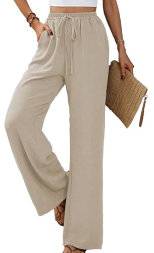 Yeenily Pantaloni da Donna Gamba Larga Solido Sciolto Palazzo Pantaloni Eleganti Vita Alta Pantaloni Leggeri Casual Pantalone Lunghi con Tasche (Beige, S)