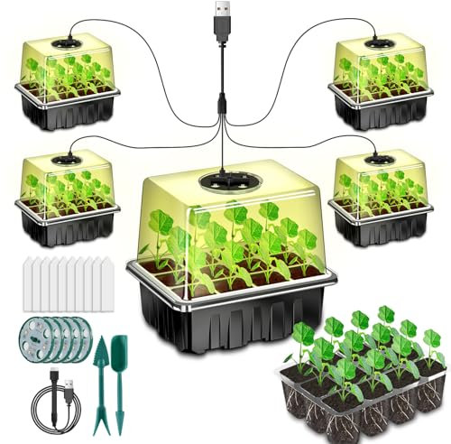 AONYIYI Kit de culture surélevé - 5 pièces - Avec lumière - 60 cellules - Mini serre d'intérieur - Avec couvercle - Petite serre pour chambre intérieure - Noir
