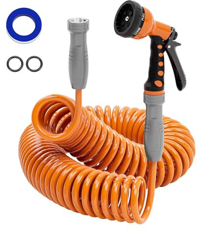SPECILITE 3/8” Lightweight Coil Garden Hose 50 FT, EVA Retractable Curly Water Pipe with 6-Pattern Spray Nozzle for Boat, Greenhouse, Yard, Patio (Orange)