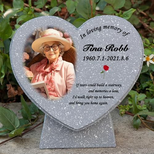 CUDMORERBE Personalized Memorial Stones for Loved Ones Outside, Heart Shaped Memory Stones Plaques Tombstones Gravestones Custom with Photo, Sympathy Memorial Gifts for Loss of Grandma Dad Mom