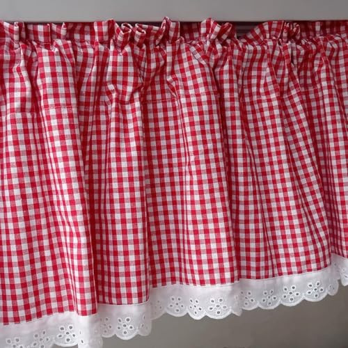 A.Monamour Tenda Corta per Finestra Piccola Rustico Cotone Bianco Rosso A Quadri Scacchi Quadretti Bianco Pizzo Tenda a Pannello a Vetro da Cucina Bistrot Caffè Mezza Mantovana Tendina