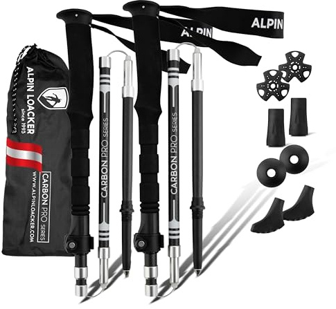 ALPIN LOACKER Wanderstöcke faltbar Carbon oder Aluminium mit Korkgriff I Nordic Walking Stöcke Damen & Herren I Leichte Faltbare Trekkingstöcke Teleskop für Bergsport, Eva Carbon lang