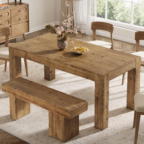 TRIBEWOOD Solid Wood Dining Table Farmhouse Style For 4-6 People, 160cm Rustic Kitchen Tables with Chunky Thick Leg, Rectangular Dinner Table for Dining Room, Living Room