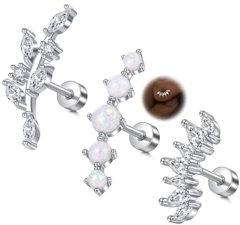 AVYRING Flat Back Studs - Orecchini da donna in acciaio inox 16 G con foglia, opale e zirconi, design per helix, trago, daith & conch, argento e oro, Acciaio inossidabile