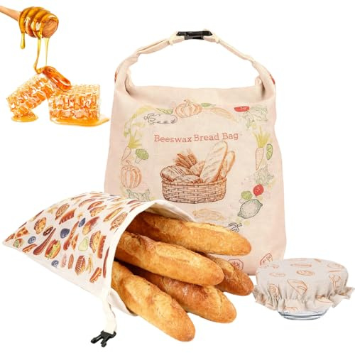Beeswax Bread Bags - Reusable Organic Linen Beeswax Sourdough Bread Bags with Linen Bowl Cover For Homemade Bread Sourdough, 2 Pack Food Storage Cloth Bread Bag-Keeps Bakes Fresh Longer 17 x 13