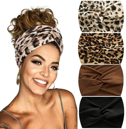 4Pcs 18cm Extra Wide Turban Hair Bands for Women | Soft elastic boho knotted wrap, non-slip for yoga, sports, running, gym, spa & daily fashion. No creases, all-day comfort.
