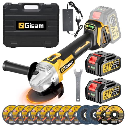 Gisam Akku Winkelschleifer 125mm, Bürstenloser Motor, 4 Drehzahlstufen, 10000 U/min, Flex Akku Winkelschleifer mit 2x 4000mAh Akku und 12 Zubehörteile für Trennen und Schleifen