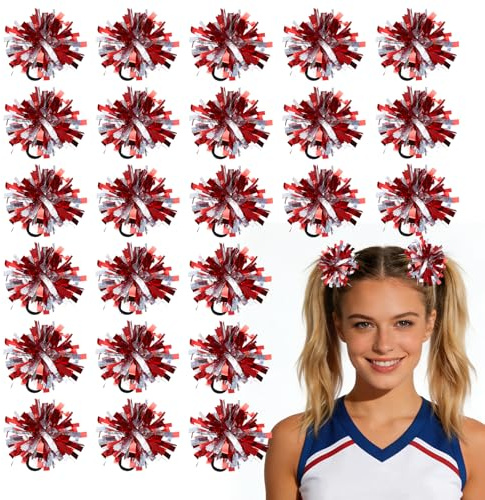 YELARXI 24 Pcs Pom Poms Cheerleading, Cheering Elastic Hair Ties Team Spirit Fun Pompoms Costume Accessory