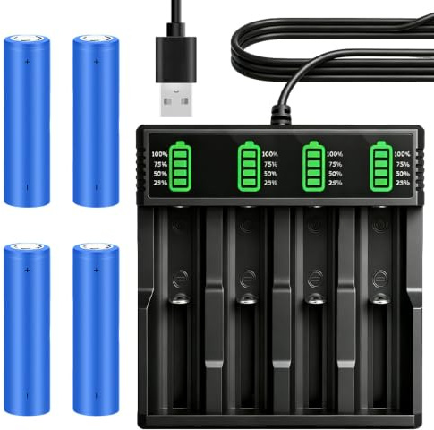 SKJJM Rechargeable 3.7V Battery with Charger, 4 Pieces 2200mAh Rechargeable NIMH with 1 Pack USB Battery Charger, 18650 Battery Li-ion for Flashlight, Headlamps, Camera, Small Fan
