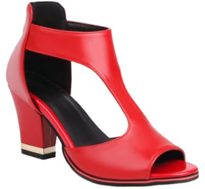 Sandalias Romanas Casuales para Mujer, Sandalias de tacón Alto con Tira en T y Puntera Abierta, con Cremallera Trasera y Tira en el Tobillo Zapatos de Vestir para Mujer,Rojo,36