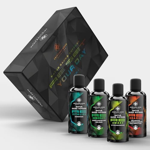 CristinenMoor Lot de 4 infusions pour sauna Re Awake, Re Charge, Re Generate, Re Vitalize 4 x 100 ml – Parfum de sauna naturel sans parfums synthétiques dans un emballage élégant
