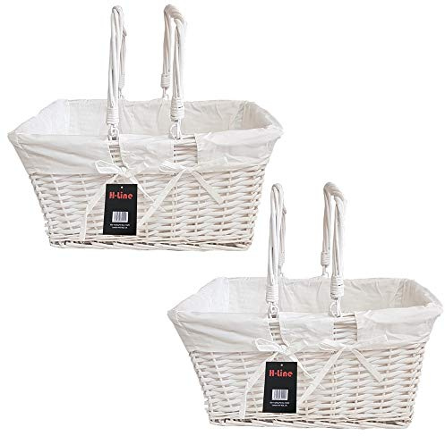 H-LINE 2 x White Rectangular Traditional Split Willow Shopping Baskets with Folding Handles Vintage Storage Wicker Christmas Hamper
