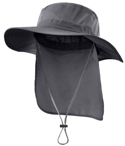Decentron Outdoor UPF50+ Mesh Sun Hat Wide Brim Fishing Hat with Neck Flap Hiking Bucket Hats for Men Women (Dark Grey)