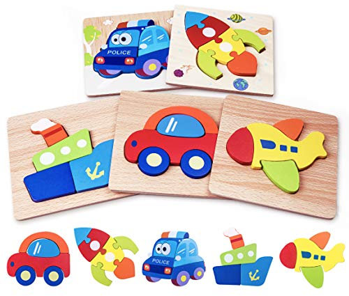 Highttoy Wooden Jigsaws for 1 2 3 Year Olds,5 Pcs Jigsaw Puzzles for Toddlers Traffic Vehicle Chunky Shape Blocks Early Educational Montessori Wooden Toys for 1+ Year Old Boys Girls