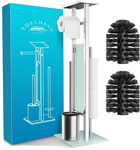 Toilettenpapierhalter stehend als WC Garnitur mit Klobürste - EDELHAND Edelstahl Klopapierhalter stehend mit WC Bürste und Toilettenpapier Aufbewahrung - WC Garnitur Set mit Ablage