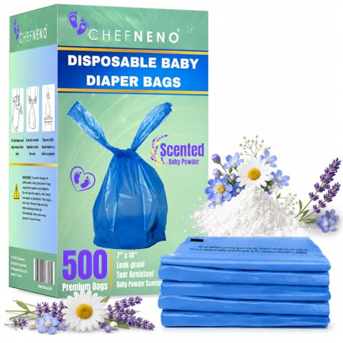 Baby Disposable Diaper Sacks (500 ct.) Fresh Baby Powder Scented Bulk Easy-Tie Diaper Sacks Nursery Trash Bags Dog Poop Bags Cat Litter Waste Bags Sanitary Pads Disposal Bags (500 Bags, Blue)