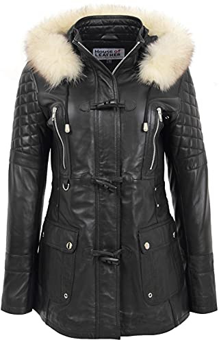 Parka Ariel - Cappotto da donna in vera pelle con cappuccio staccabile Nero 50