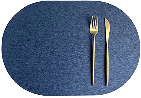 Oval Tischsets Abwischbar, Leder Kunstleder Platzset Zweifarbig Wasserdicht Platzdecken mit Untersetzer ür Hause Küche Restaurant (Blau/Grau,4 Stück)