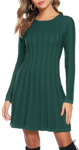 Gyabnw Robe Pull Femme Automne Chic Tricotée Robe Pull Col Rond Casual Manches Longues Mini Robe Pull Élégante pour Fête Cocktail Loisirs,Vert-A M