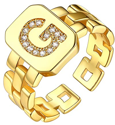 Bestyle Anillo Sello de Letras A-Z Iniciales Anillo Abierto con Zirconia Cúbica, Anillo Abierto Sello Cobre Talla Ajustable, Anillo de Sello Hombre Mujer Dorado con Caja Regalo
