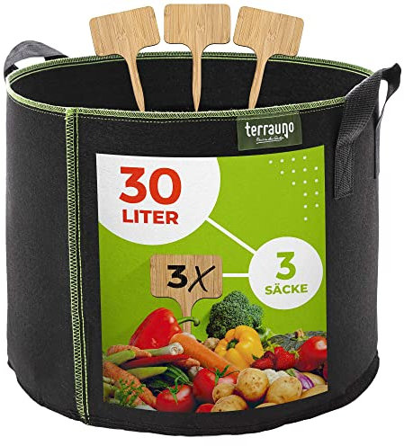 TerraUno - Pflanzsack aus Vliesstoff (3 Stück) I Pflanzentasche 30 Liter I Pflanzentasche zur Anzucht von Kartoffeln, Tomaten, Erdbeeren & Co