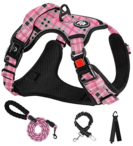 NESTROAD Colliers, Harnais Veste et Laisses Anti Traction pour Chiens Moyen, Couleur Rose Plaid Taille M Arnet pour Chien Le Cou 33~43CM Poitrine 43~64CM, Harnais Chien Voiture, Accessoire Chien