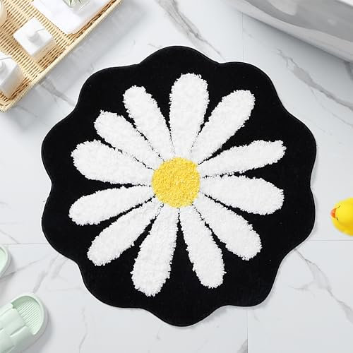 Carmoion Bonita alfombra de baño, alfombra de flores rosas, antideslizante, absorción de agua, suave, lavable a máquina, para dormitorio, cocina, baño, suelos de inodoro, 25.6 x 25.6 pulgadas (negro)