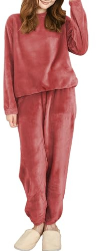 Hveuluop Gieen dampyjamas-set av korallfleece – långärmad topp med rund hals och byxor, elastisk husdräkt set av korallsammet i en storlek för höst och vinter., röd, one size