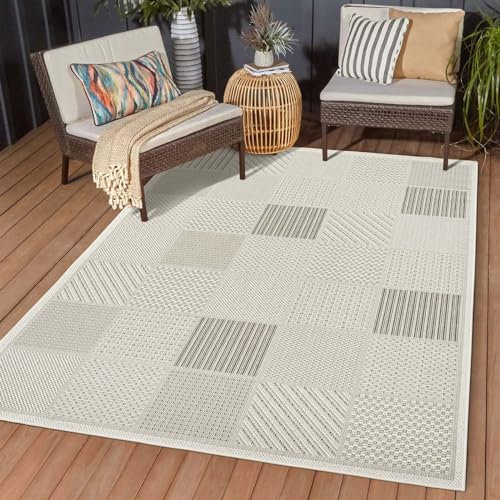 In & Outdoor Kurzflor Teppich Küchenteppich wetterfest auch für Balkon und Terrasse modern Boho Skandi Creme grau beige kariert 120x160 cm