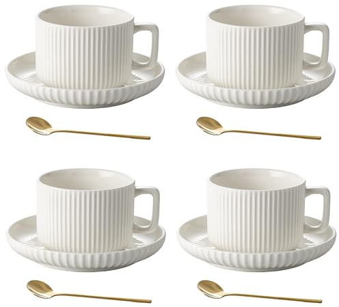 AYUCIA 8 Ounce Cappuccino Cups Set of 4, Latte Mugs with Saucers and Spoons, White Cream Ceramic Coffee Mugs Tea Cups for Cappuccino Latte Mocha Au Lait Macchiato Cafe