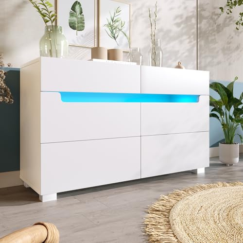 Chest of Drawers Bedroom, White Sideboard Cabinet with 6 Drawers, Storage with RGB LED Lighting (App-Controlled), Multi-Purpose Sideboard Cabinet with Cut Out Handles for Living Room, 71x120x40cm