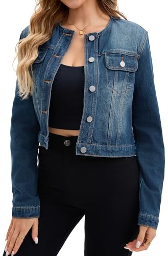 CIMUK Women's Denim Jacket Collarless Button Down Western Long Sleeve Jean Jackets X-Large Dark Blue