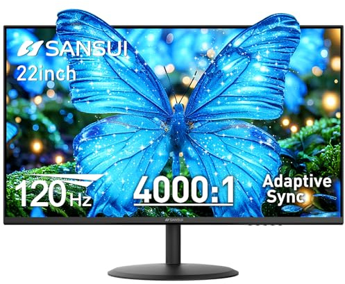 SANSUI 22 Inch 120Hz Monitor, FHD Computer Monitor 4000:1 Contrast Ratio with Adaptive Sync, HDR 100% sRGB, HDMI x 2, VESA Mount, Eye Care for Home/Office (ES-22X3AH, One HDMI Cable Included).