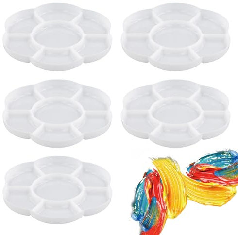 5 Piezas Paleta Pintura, 17cm Paleta Acuarela 7 Pocillos de Color, Bandeja para Mezclar Plástico Redonda, Paleta Humeda para Bricolaje Arte Manualidades Pintura al óleo Acuarela Acrílica, Blanco