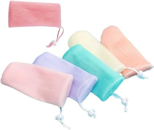 6PCS Multicolor Exfoliating Mesh Soap Pouch Bubble Foam Net Bag for Shower Saver Pouch Drawstring Foaming Net Soap Bag for Body Facial Cleaning Tool, 5 Colors Easy to Store Used Repeatedly,Cleansers