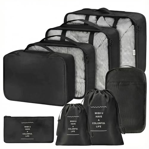 Organisateur Valise 8 Pièces,Organiseurs de Bagage pour Voyage,Packing Cubes de Voyages Pochette,Sacs Rangement de Valise Voyage Accessoires,pour Vêtements, Chaussures et Cosmétiques(Noir)