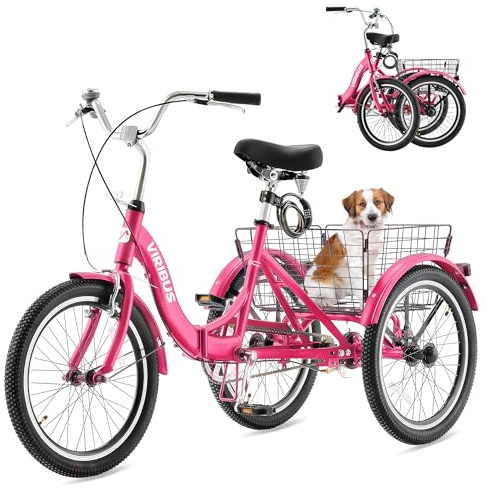 VIRIBUS Folding Tricycle for Adults, 20 inch Foldable Adult Tricycle, Folding 3 Wheel Bikes with Basket for Short Women Seniors, 1 Speed Collapsible Trike 330lb. Capacity, Three Wheeler Hot Pink