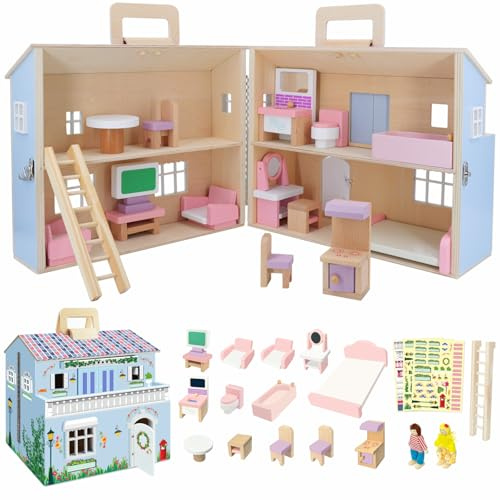 SIMPLIPLAY Wooden Dollhouse, DIY Portable Pretend Play Doll House Set