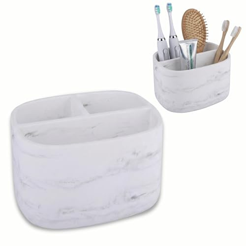 Kook Time Organizador de Baño y Escritorio - Soporte para Cepillos de Dientes Eléctricos, Brochas de Maquillaje o Mandos a Distancia - Resina Efecto Mármol Blanco - 3 Compartimentos - Pesado y Estable