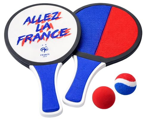FFF Raquette de Plage Double Face 32 cm, Jeu 2-en-1 avec Balle Plastique et Balle Textile, Bleu Blanc Rouge, Enfants et Adultes